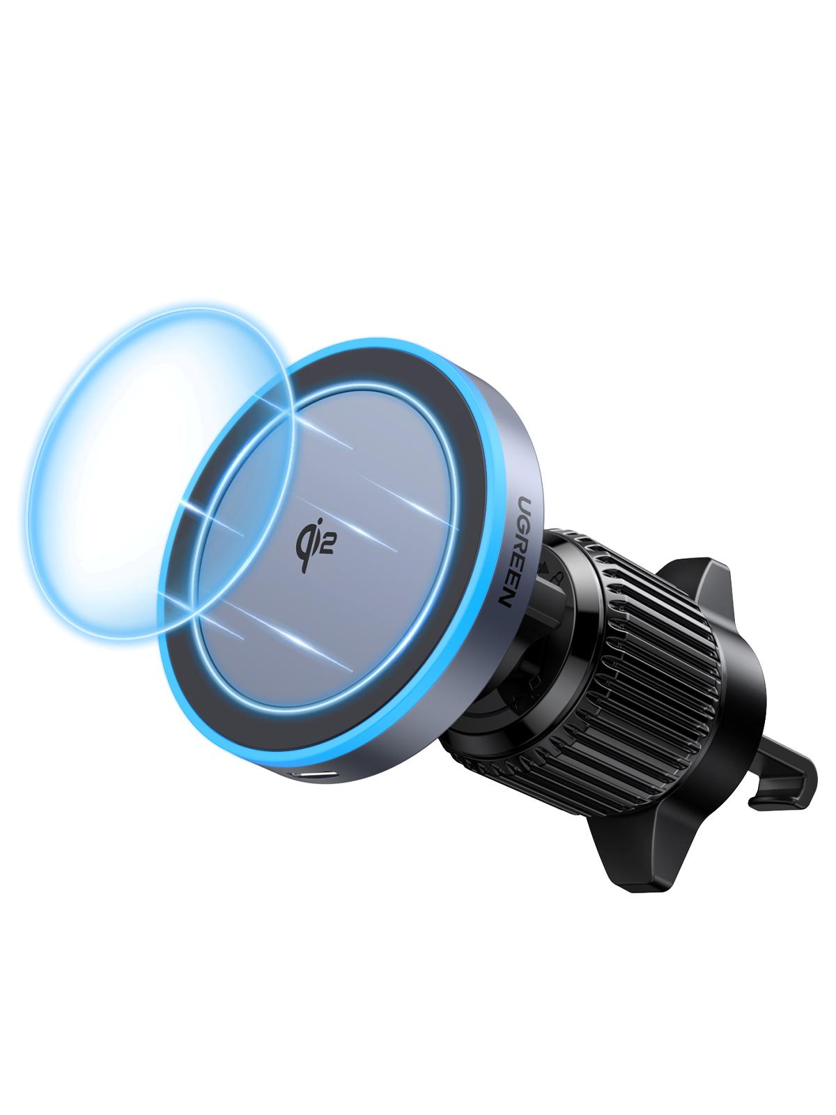 يوجرين شاحن سيارة لاسلكي كيو اي 2 بقدرة 15 واط، حامل جوال مغناطيسي قوي للسيارة مع ضوء LED لسلسلة ايفون 16/15/14/13/12