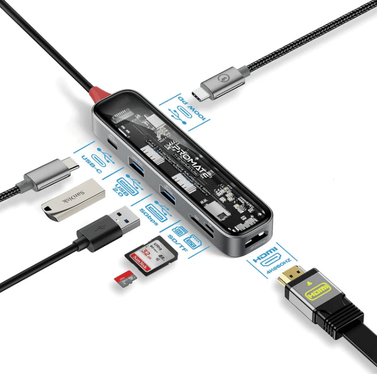 موزع USB-C شفاف متعدد المنافذ 7 في 1 رفيع مع توصيل طاقة 100 وات