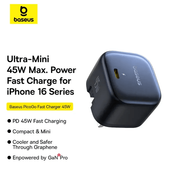 شاحن Baseus PicoGo AE11 GaN سريع الشحن 1C بقوة 45 واط، أسود كوزميك
