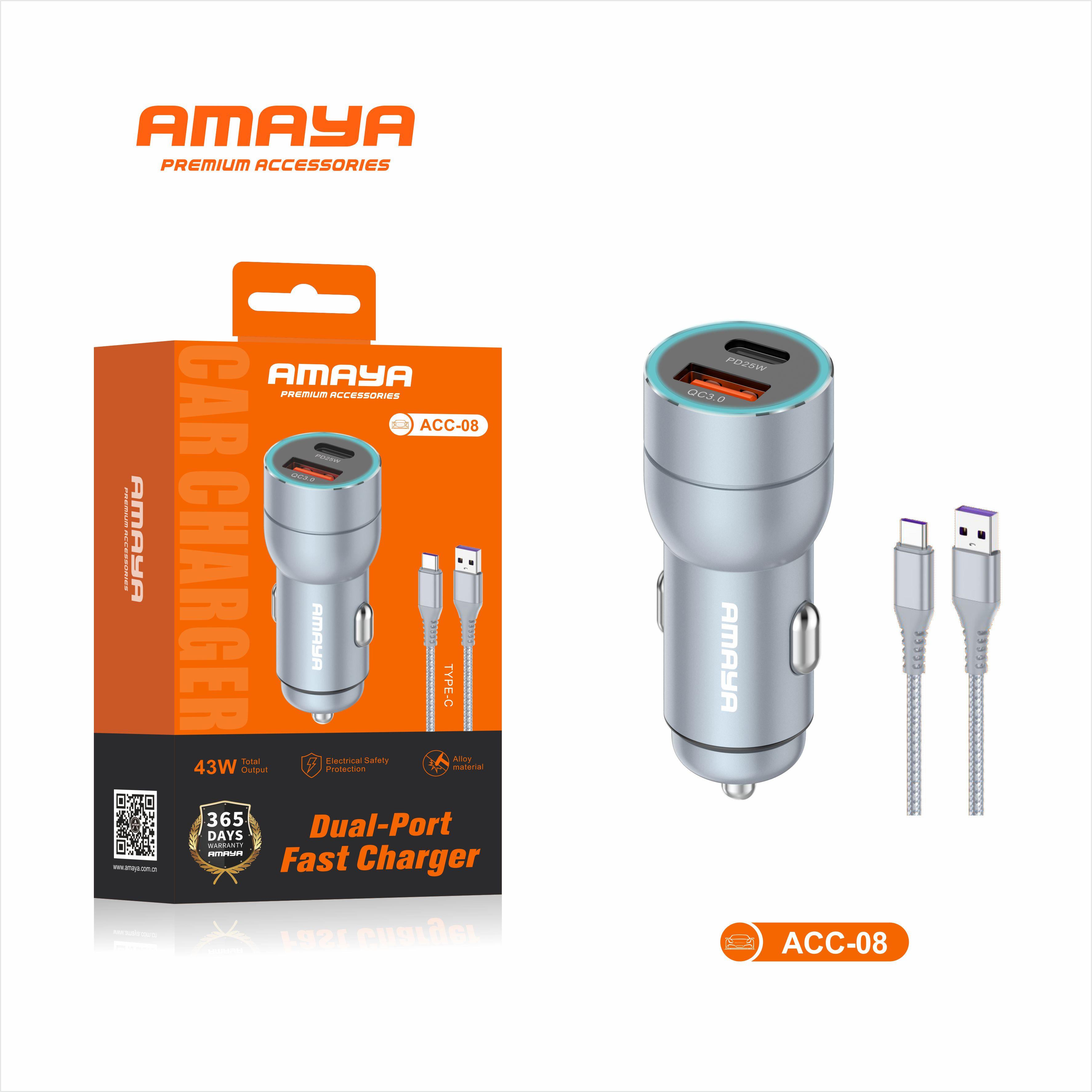 شاحن سيارة AMAYA ACC-008 USB Type-C، رمادي