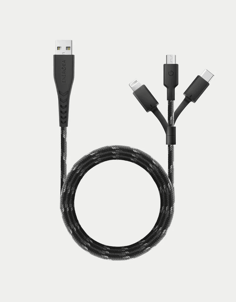 كابل ENERGEA NYLOFLEX 3-IN-1 MICROUSB + LIGHTNING MFI (C89) + USB-C CHARGE & SYNC، 1.5 متر، أسود