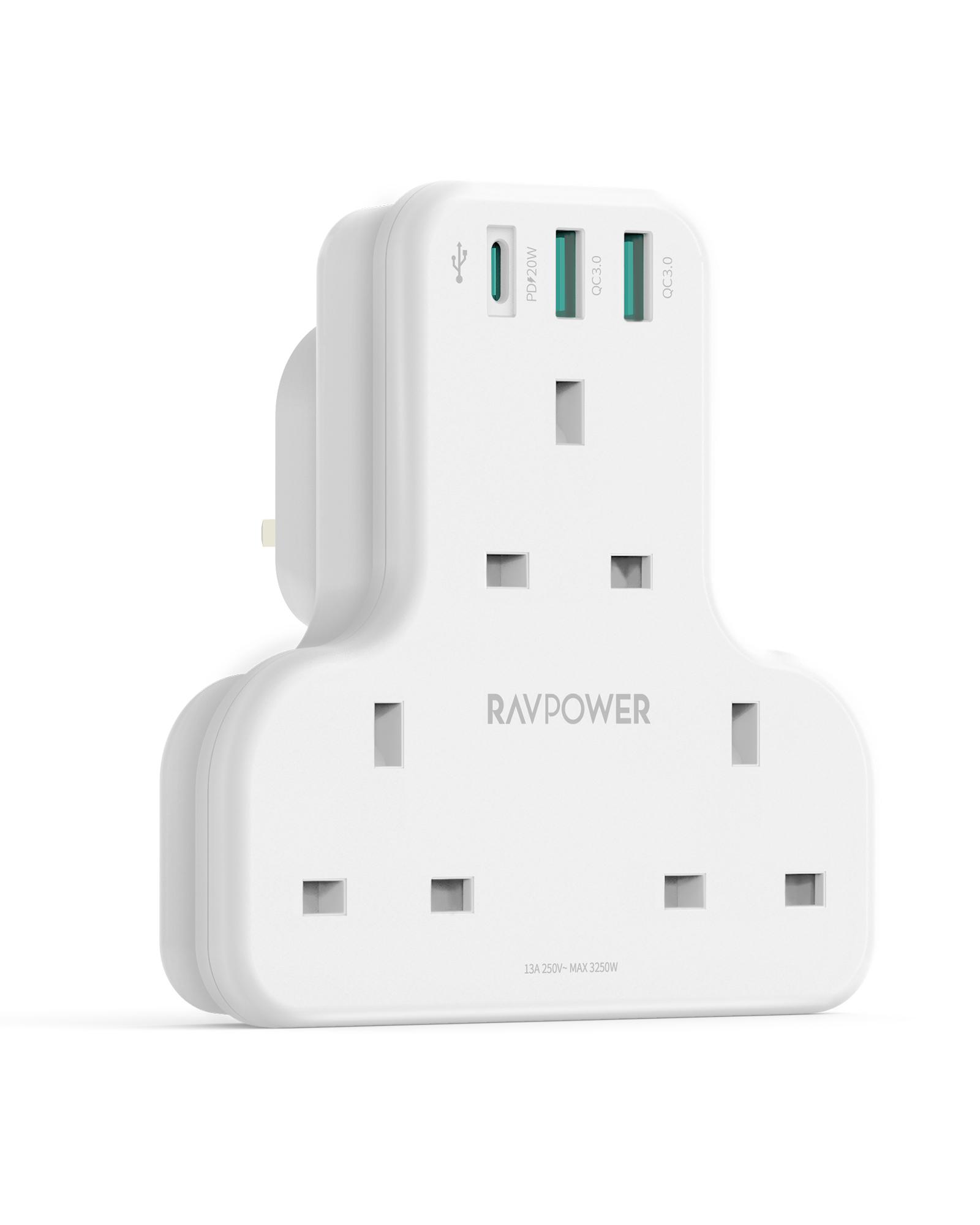 شاحن RAVPower RP-PC1036 PD Pioneer 20W 3 منافذ باللون الأبيض الإصدار البريطاني مع 3 مقابس تيار متردد