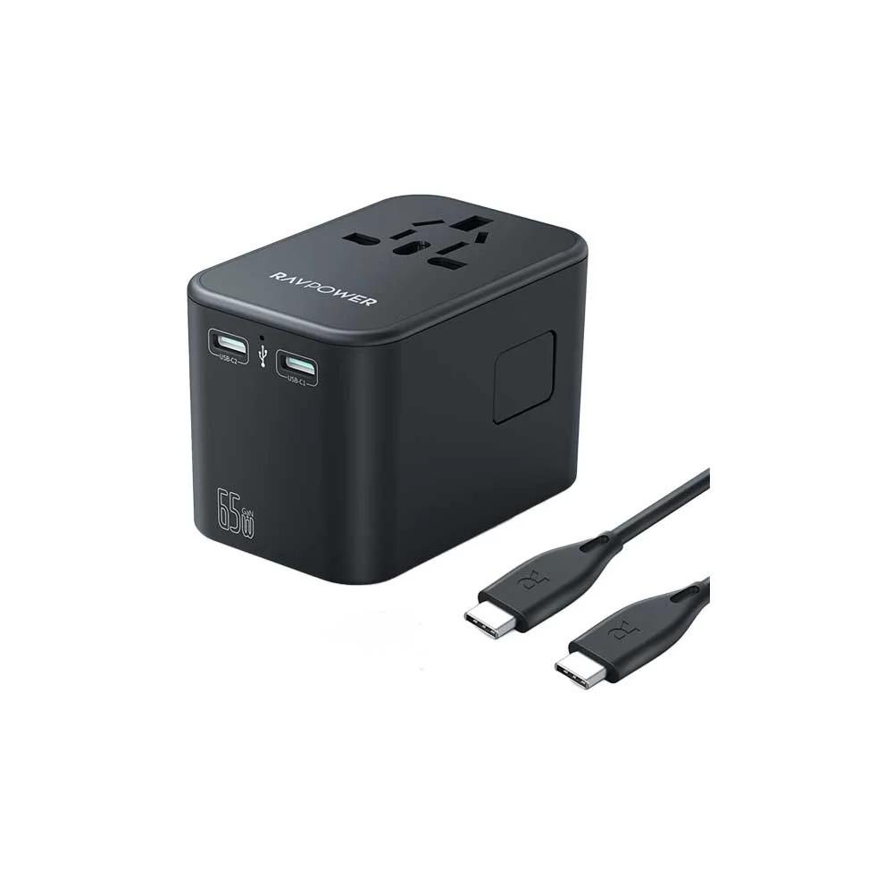 شاحن سفر RAVPower RP-PC1035 PD PIONEER بقوة 65 وات و3 منافذ مع كابل C-C بقوة 100 وات