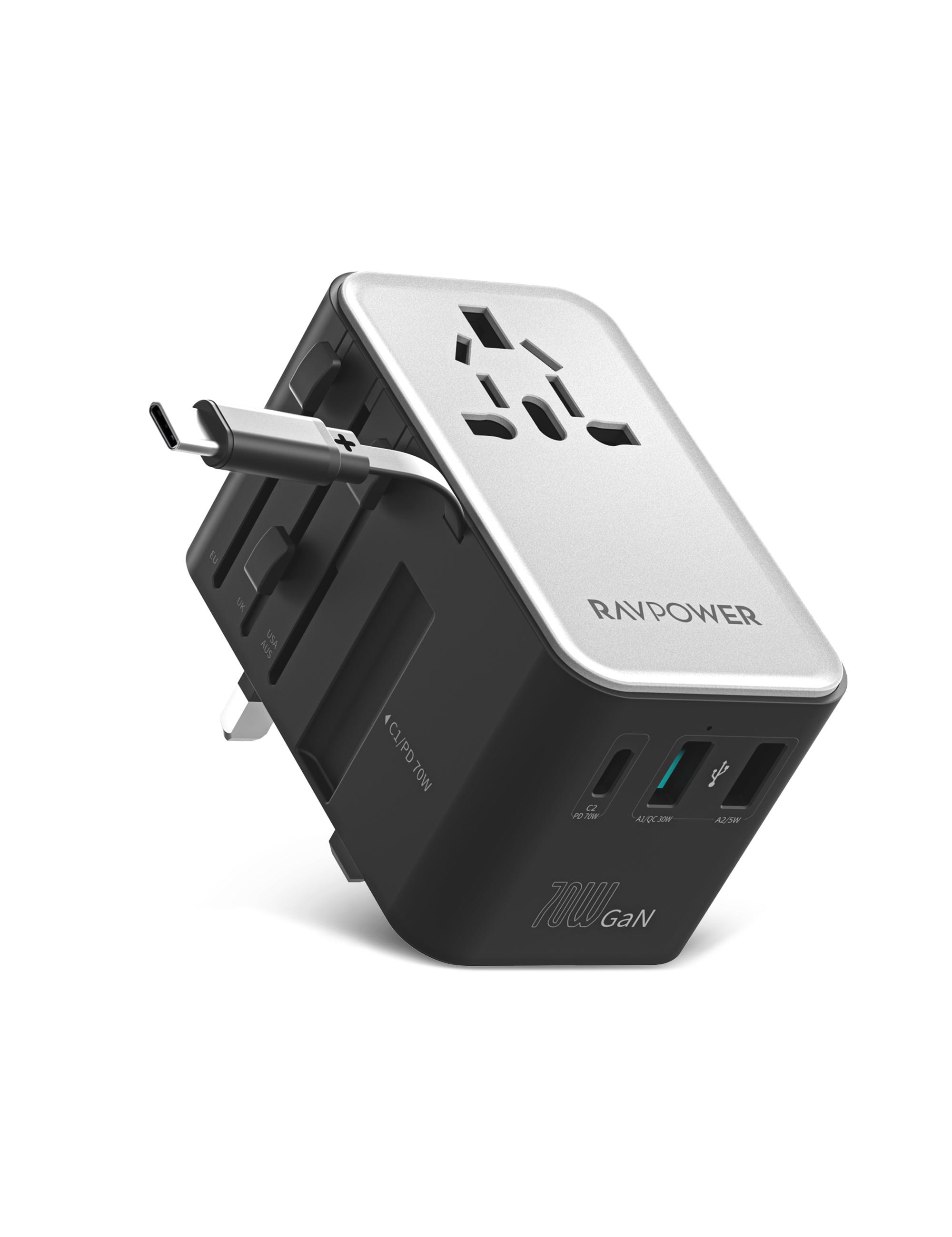 شاحن سفر RAVPower RP-PC1061 GaN PD70W مع كابل C-C قابل للسحب