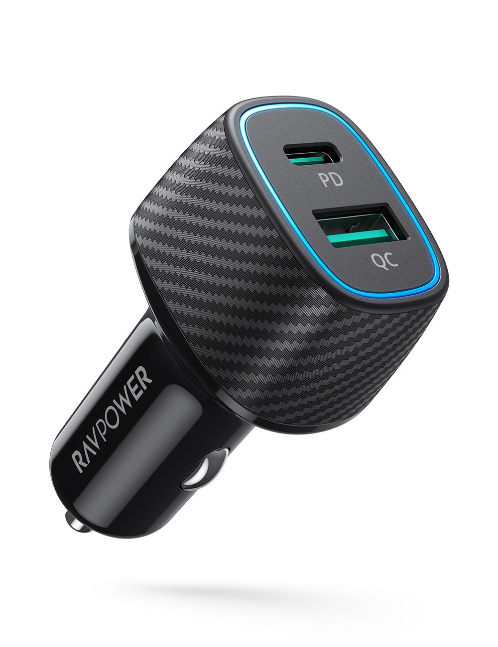 شاحن سيارة RAVPower RP-VC009 ثنائي المنفذ بقوة 48 وات مع تقنية PD30W + QC3.0، أسود، غير متصل بالإنترنت
