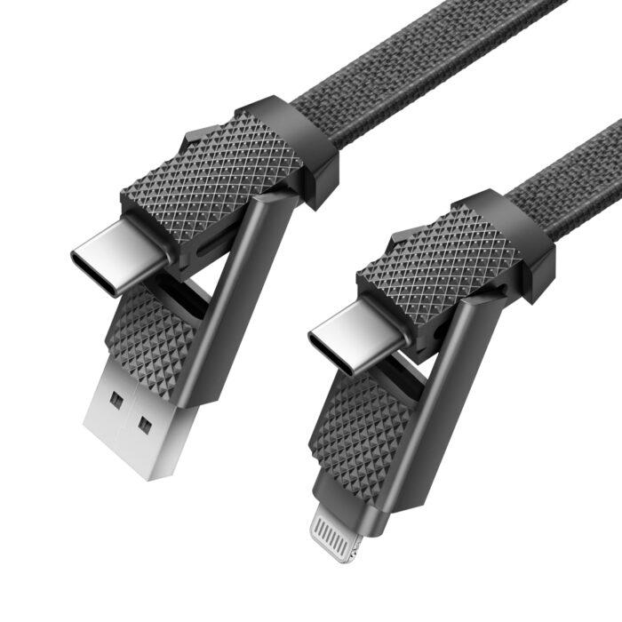 كابل شحن BAZIC GOCHARGE ALUCABLE المصنوع من الألومنيوم 4 في 1 مع مدخل USB A/C ومخرج USB C/LIGHTNING. شحن سريع PD بطول 1 متر - أسود "
