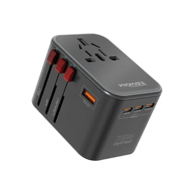 محول السفر Promate Tripmate-gan75، محول شحن عالمي مزود بمقبس تيار متردد بقدرة 1840 واط، وثلاثة منافذ USB-C™ بقدرة 75 واط، ومنفذي شحن سريع QC 3.0، وحماية من زيادة التيار الكهربائي بقدرة 10 أمبير، Tripm