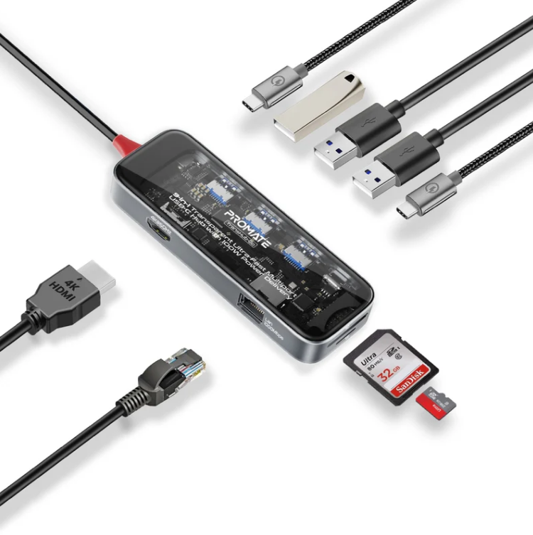 موزع USB-C متعدد المنافذ فائق السرعة شفاف 9 في 1 مع توصيل طاقة 100 وات
