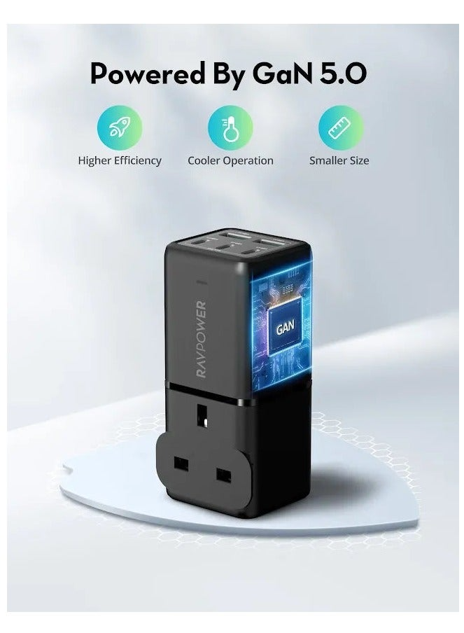 راف باور،شريط طاقة  5 منافذ، 75 واط، مع محول شاحن سفر، RP-PC1062 - أسود