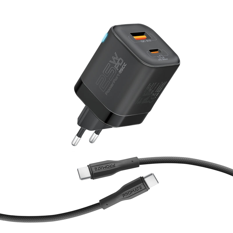 مجموعة محول طاقة مزدوج المنفذ بقوة 25 وات مع كابل USB-C بقوة 60 وات
