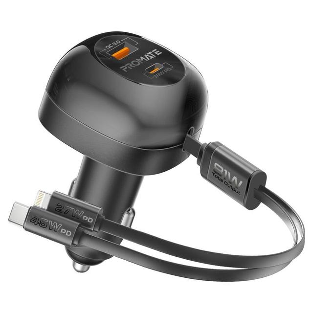 شاحن سيارة متعدد المنافذ بقدرة 81 واط مع كابلات USB-C و Lightning قابلة للسحب