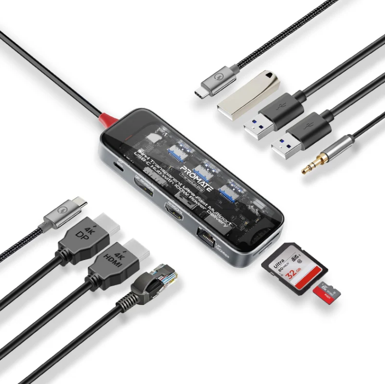 موزع USB-C متعدد المنافذ فائق السرعة شفاف 11 في 1 مع توصيل طاقة 100 وات
