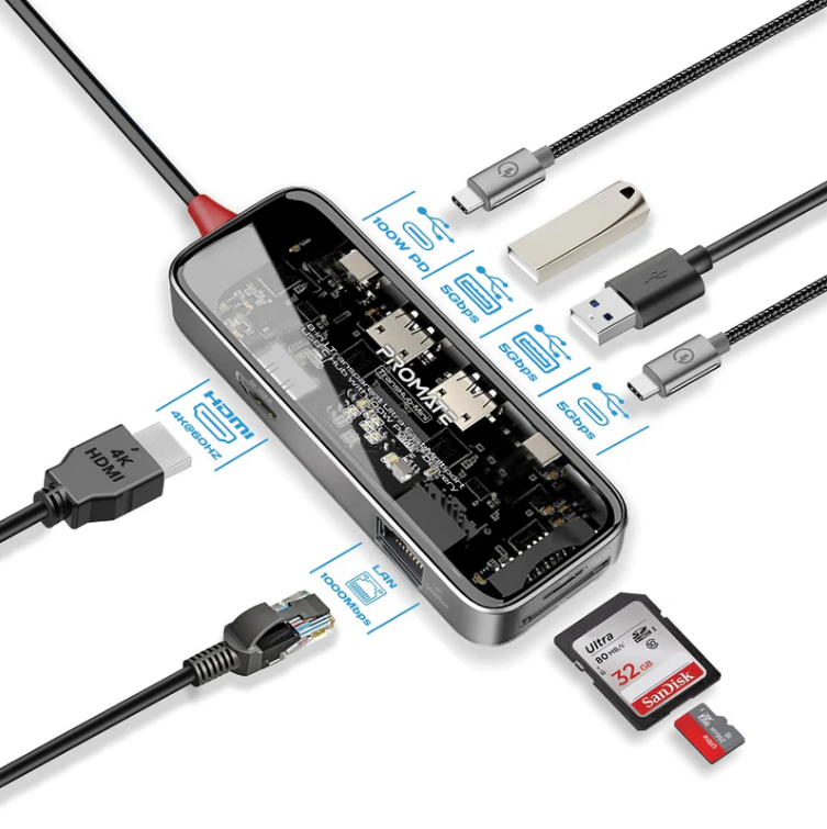 موزع USB-C متعدد المنافذ فائق السرعة شفاف 8 في 1 مع توصيل طاقة 100 وات