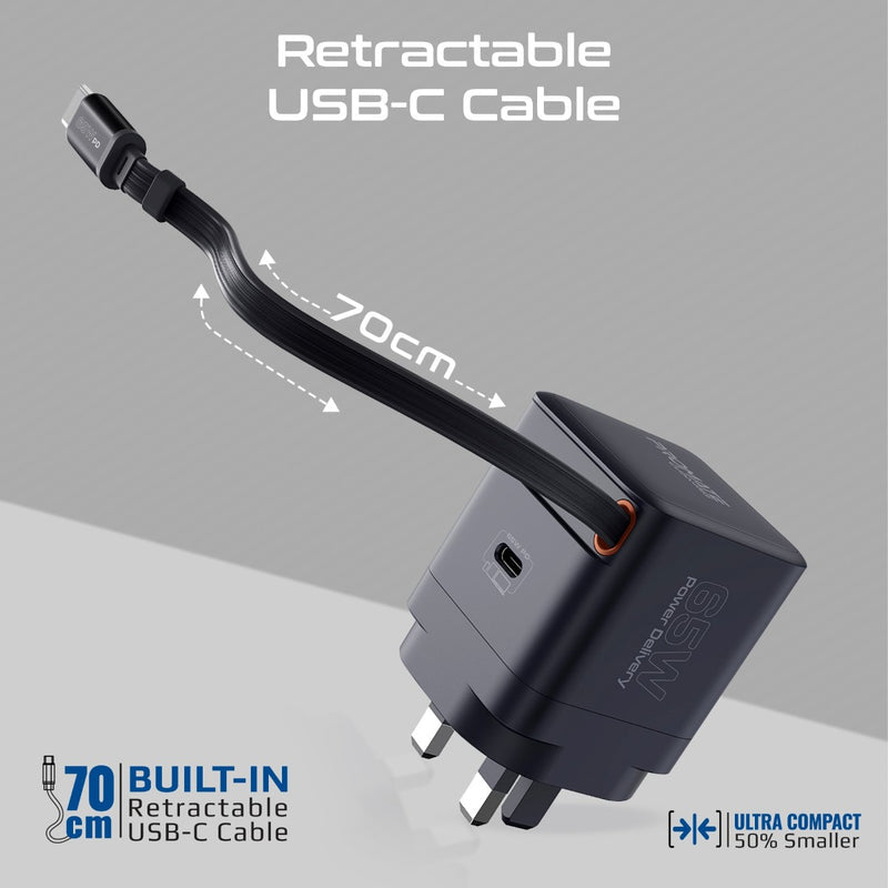 محول شحن GanFast™ بقوة 65 واط مع كابل USB-C قابل للسحب