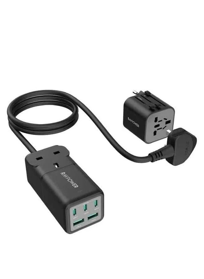 راف باور،شريط طاقة  5 منافذ، 75 واط، مع محول شاحن سفر، RP-PC1062 - أسود