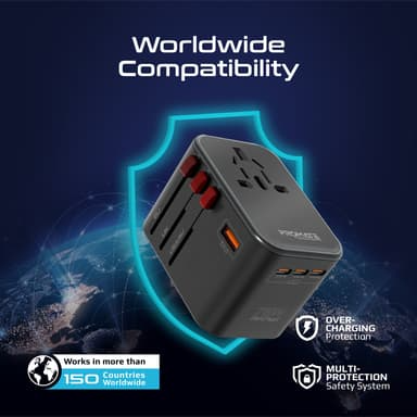 محول السفر Promate Tripmate-gan75، محول شحن عالمي مزود بمقبس تيار متردد بقدرة 1840 واط، وثلاثة منافذ USB-C™ بقدرة 75 واط، ومنفذي شحن سريع QC 3.0، وحماية من زيادة التيار الكهربائي بقدرة 10 أمبير، Tripm