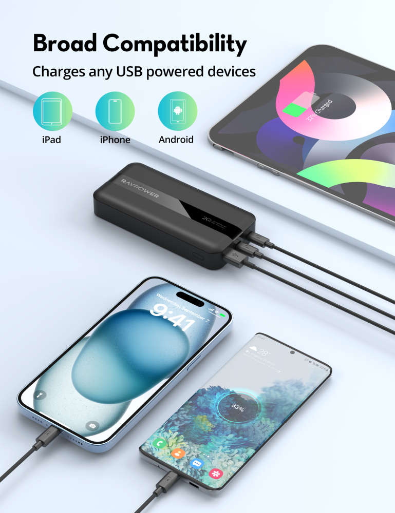 بطارية شحن خارجي 3 منافذ من راف باور، 20000 مللي أمبير، شحن سريع بي دي، 20 واط، RP-PB235 - أسود
